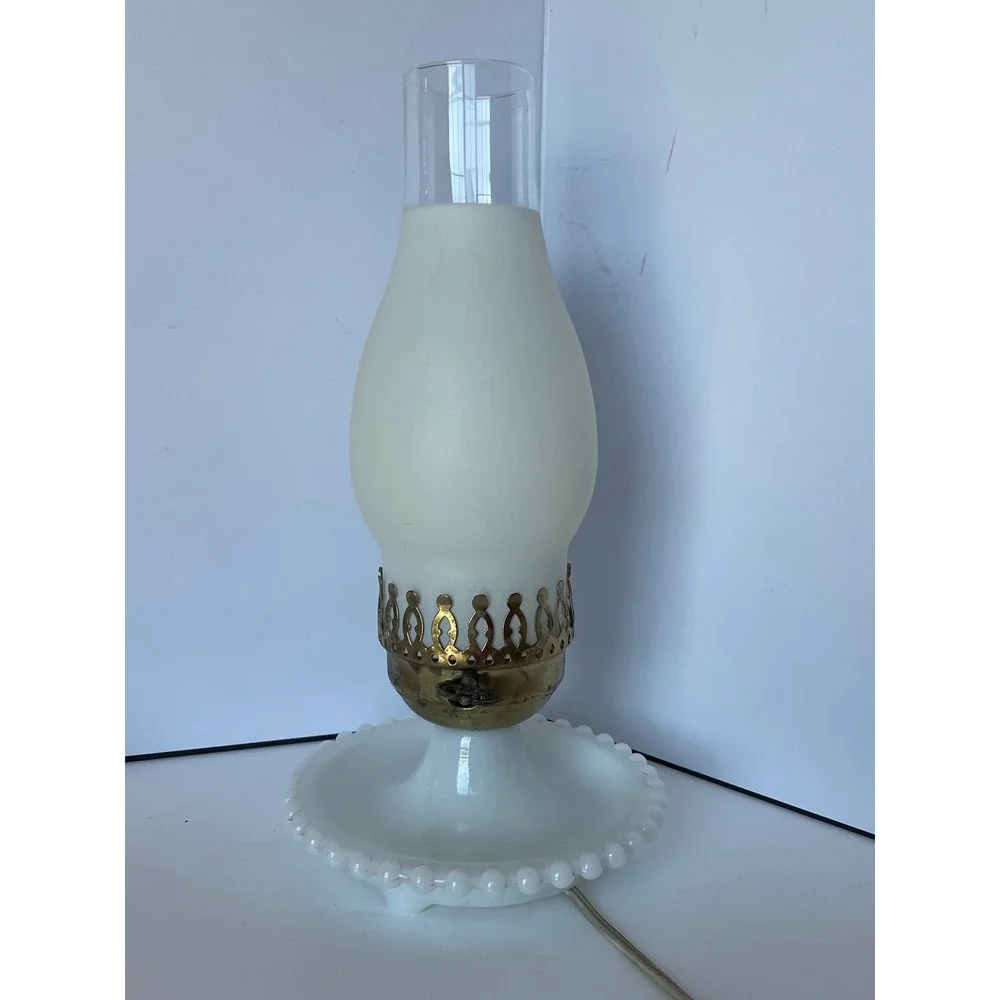 Vintage Hobnail Milk Glass Hurricane Lamp Frosted Chimney Brass Crown Gallery